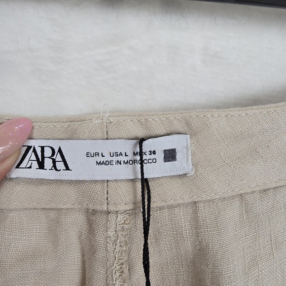 NWT Zara Size Large High Waisted Pleated Wide Leg 100% Linen Pants Sand 8292/500 - Picture 11 of 12